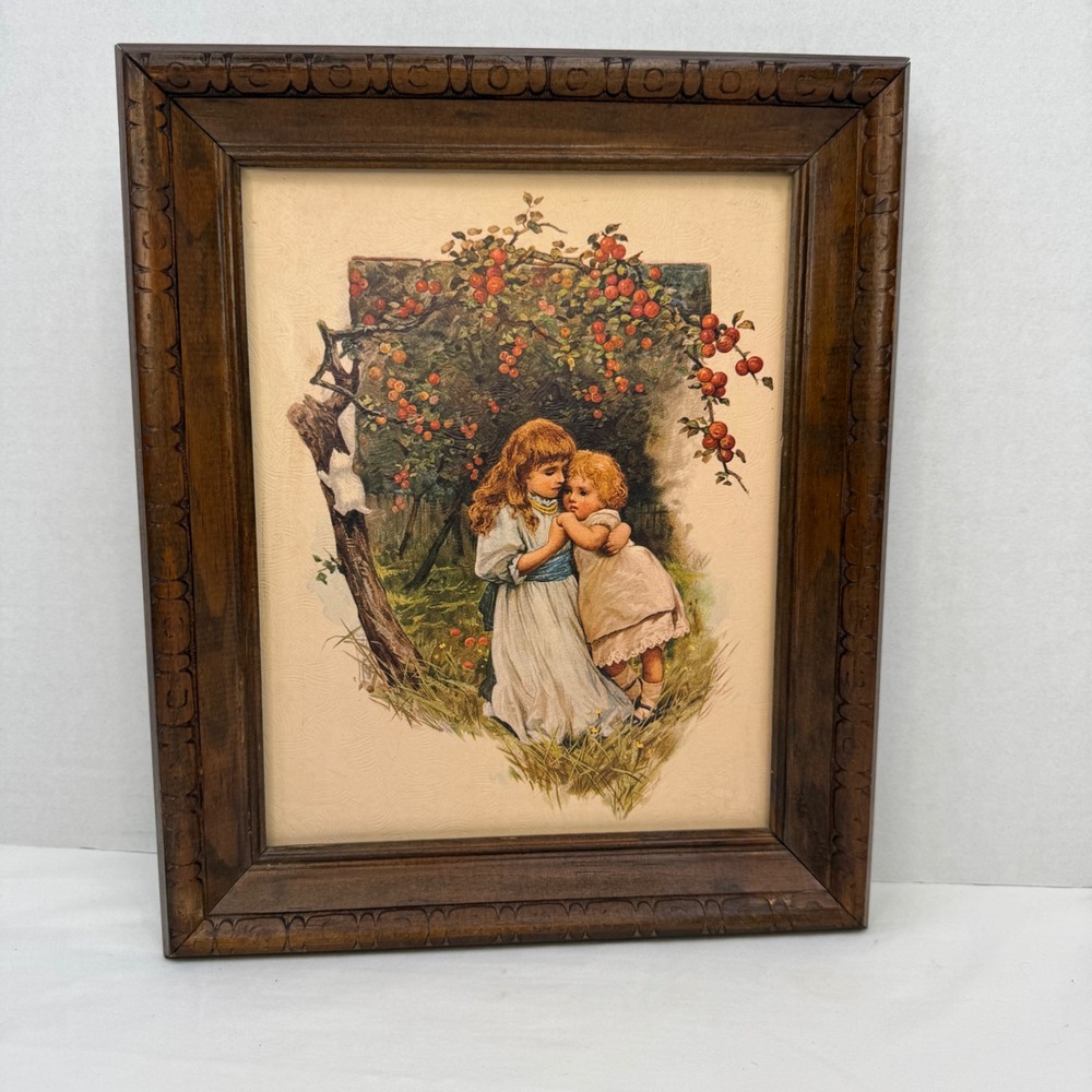 Vintage Framed Lithograph Two Children Under Apple Tree Carved Wood Frame